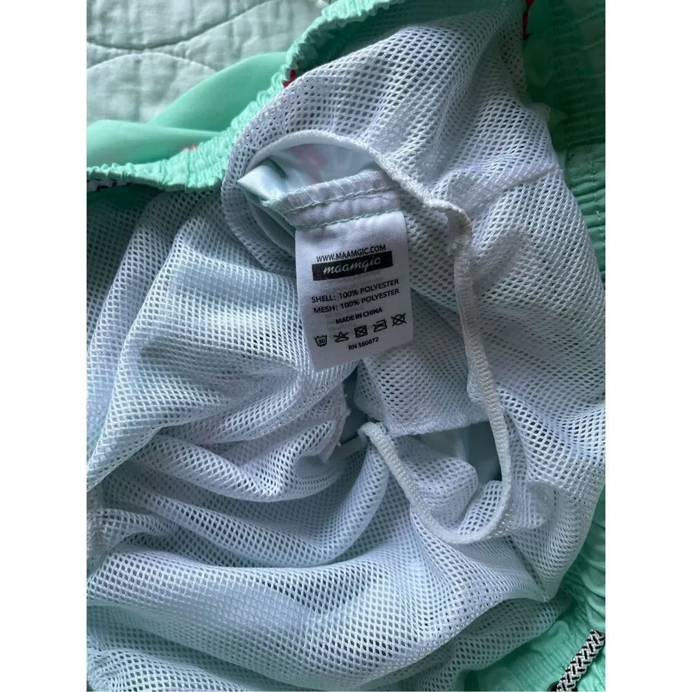 Maamgic mint green swim trunks with hot pink shark pattern - XL